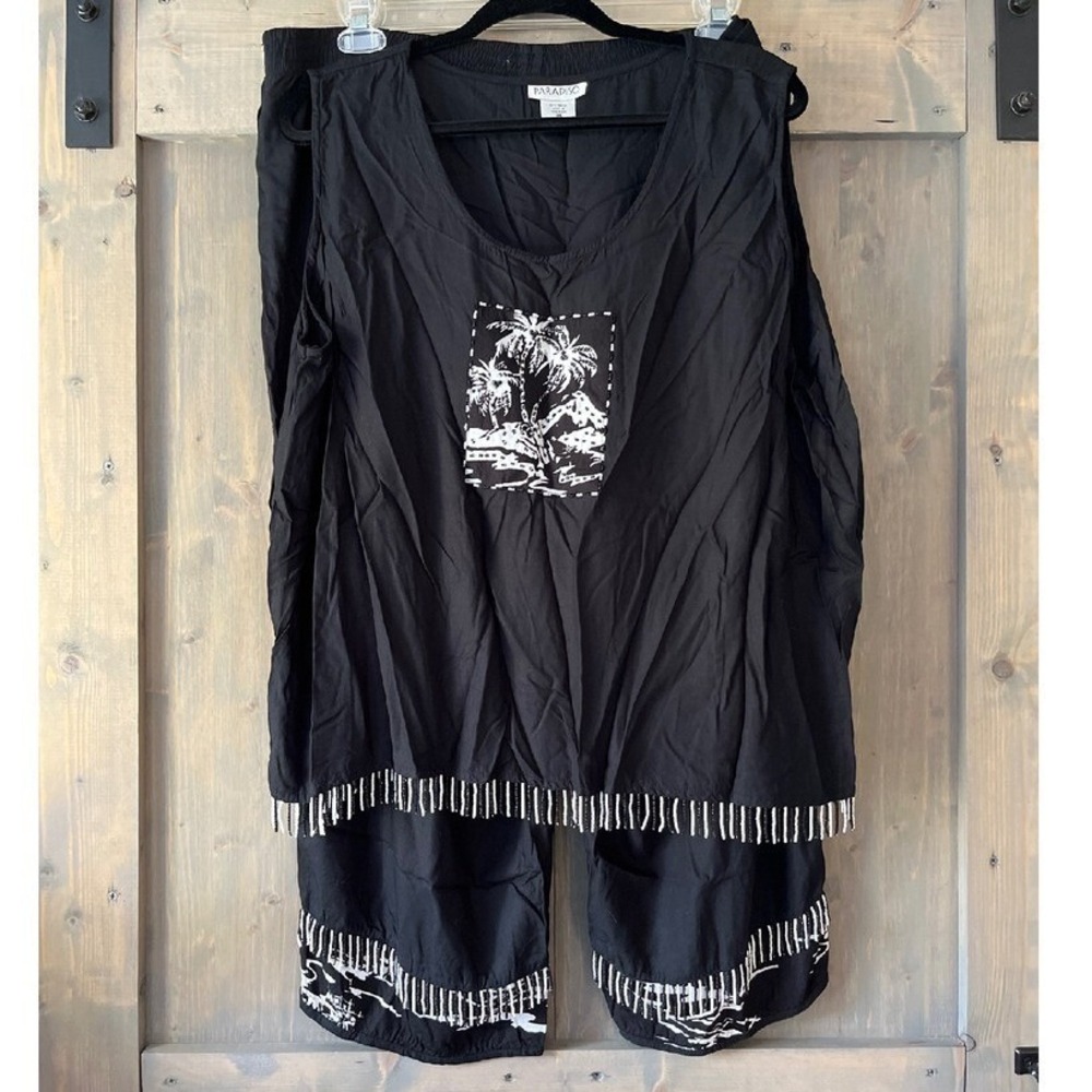 Vintage Paradiso Capri Pants Set 2X/3X Beaded Black White Fringe‎ Palm Trees